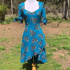 EXPRESS Tropical Floral Print Sweetheart Faux Wrap Dress XS Bow Statement Sleeve